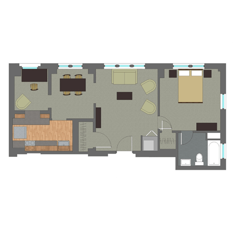 Floor plan for 1 bed, 1 bath, 756 sqft